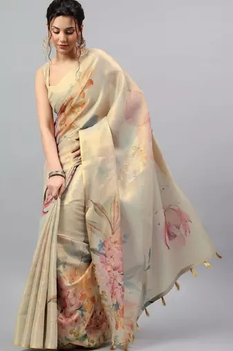 Beige tissue printed saree with blouse
