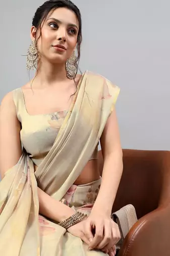 Beige tissue printed saree with blouse