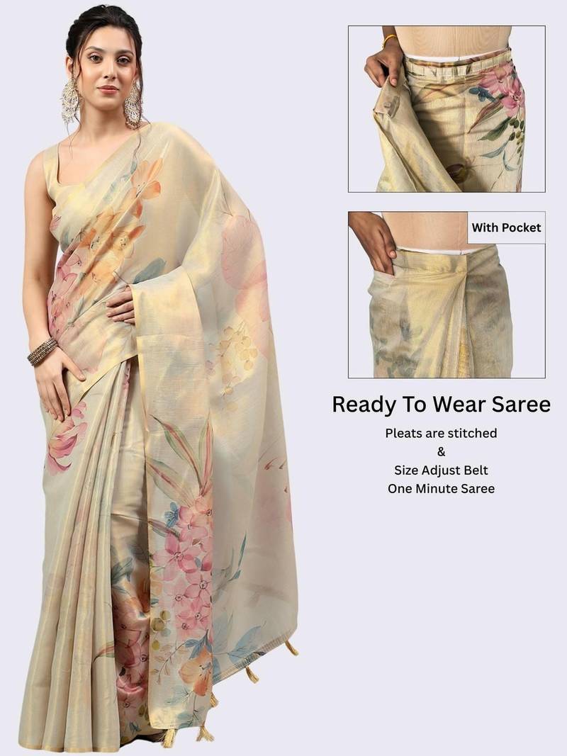 Beige tissue printed saree with blouse