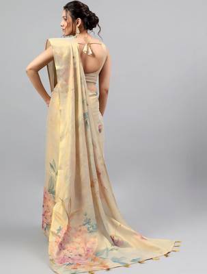 Beige tissue printed saree with blouse 5
