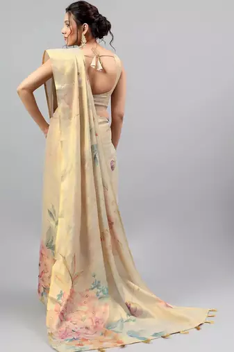 Beige tissue printed saree with blouse