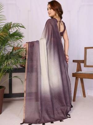 Purple linen checked saree with blouse 5