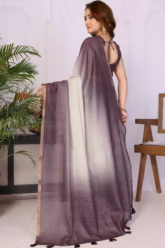 Purple linen checked saree with blouse