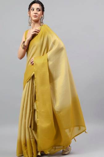 Mustard polyester dyed saree with blouse