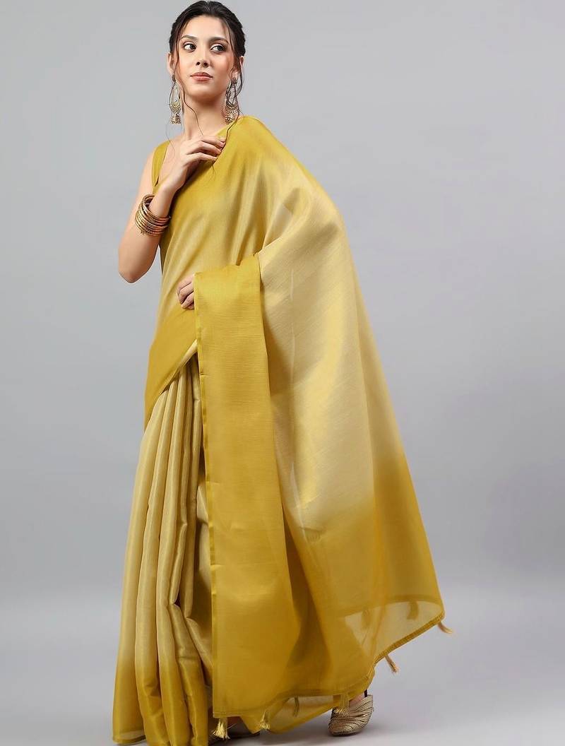 Mustard polyester dyed saree with blouse