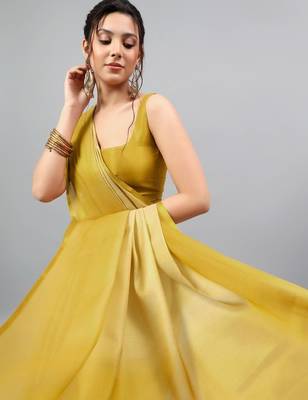 Mustard polyester dyed saree with blouse 2