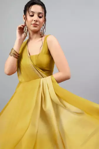 Mustard polyester dyed saree with blouse