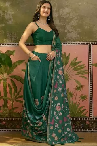 Green linen printed saree with blouse