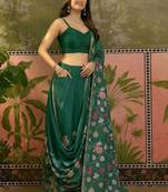 Green linen printed saree with blouse