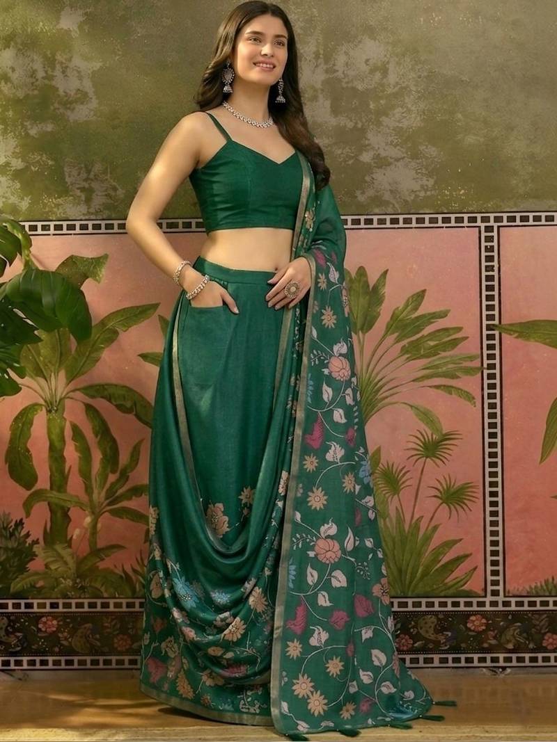 Green linen printed saree with blouse