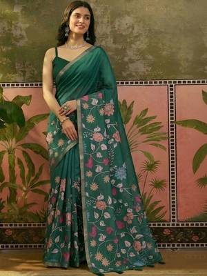 Green linen printed saree with blouse 2