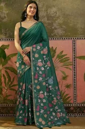 Green linen printed saree with blouse