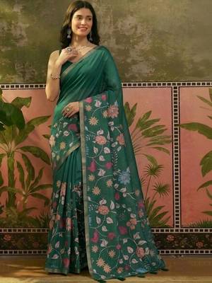 Green linen printed saree with blouse 3