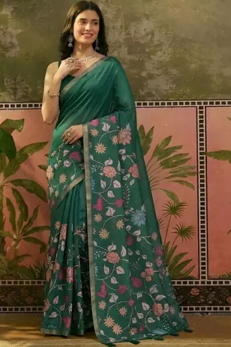 Green linen printed saree with blouse