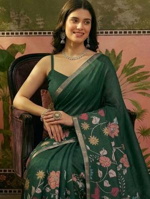 Green linen printed saree with blouse 4