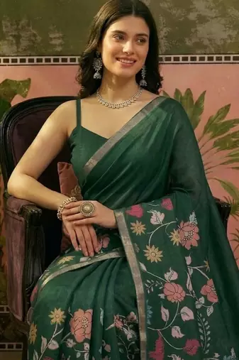 Green linen printed saree with blouse