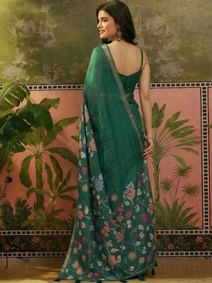 Green linen printed saree with blouse 5