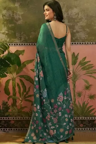 Green linen printed saree with blouse