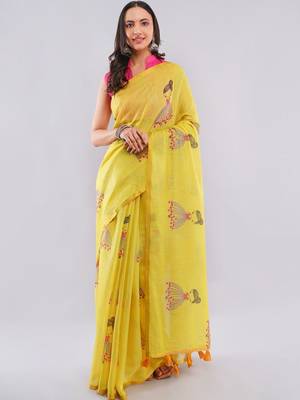Yellow linen printed saree with blouse 1