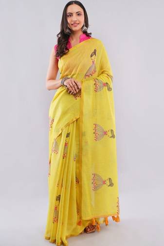 Yellow linen printed saree with blouse