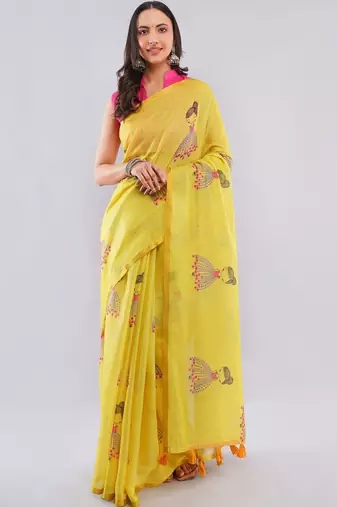 Yellow linen printed saree with blouse