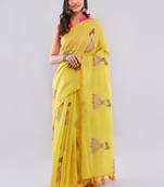Yellow linen printed saree with blouse