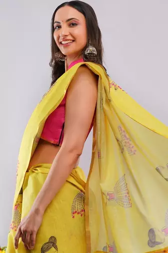 Yellow linen printed saree with blouse