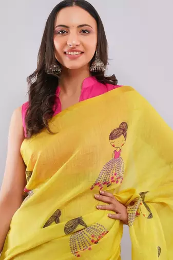 Yellow linen printed saree with blouse