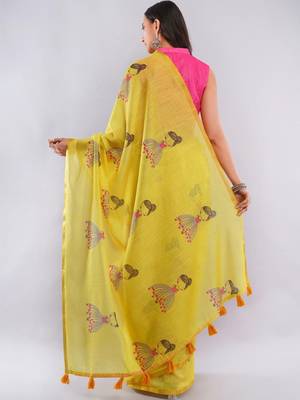 Yellow linen printed saree with blouse 4