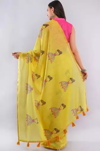 Yellow linen printed saree with blouse