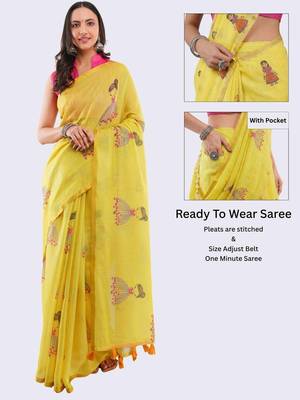 Yellow linen printed saree with blouse 5