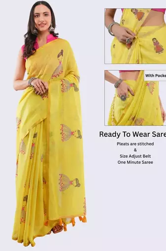 Yellow linen printed saree with blouse
