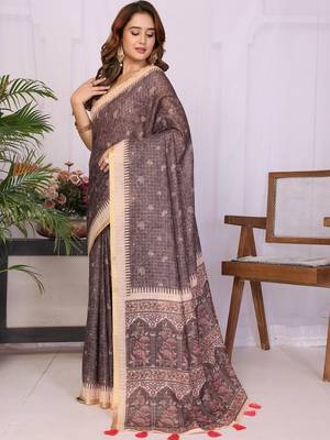 Brown linen  saree with blouse 1