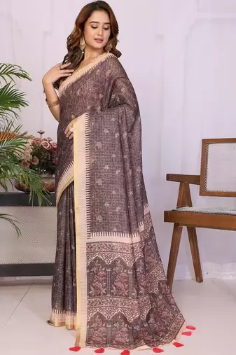 Brown linen  saree with blouse