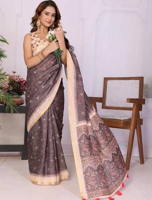 Brown linen  saree with blouse 3