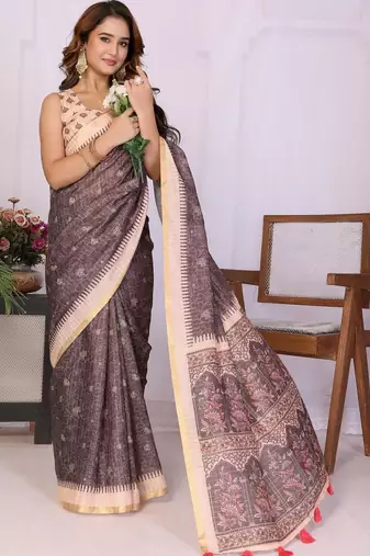 Brown linen  saree with blouse