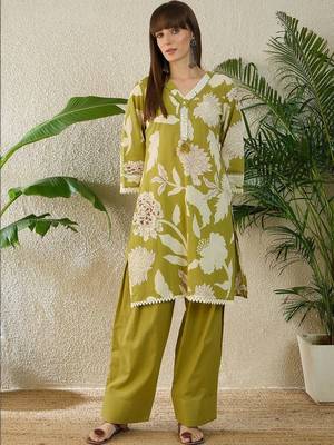 Women Floral Printed Regular Thread Work Pure Cotton Kurta with Palazzos 6