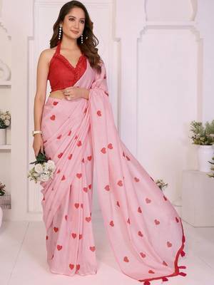 Pink linen printed saree with blouse 1