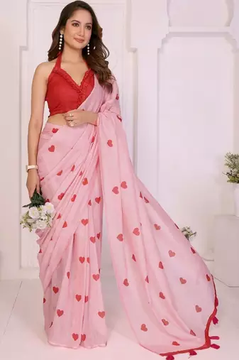 Pink linen printed saree with blouse