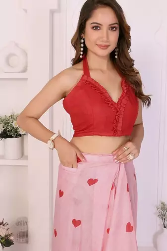 Pink linen printed saree with blouse
