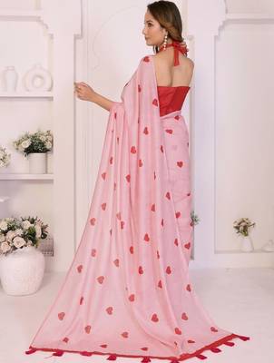 Pink linen printed saree with blouse 5
