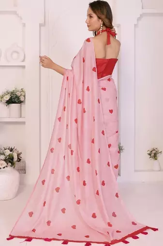 Pink linen printed saree with blouse
