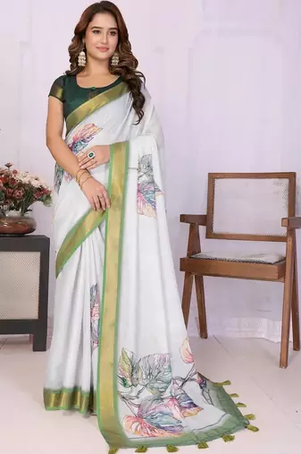 Off white linen printed saree with blouse