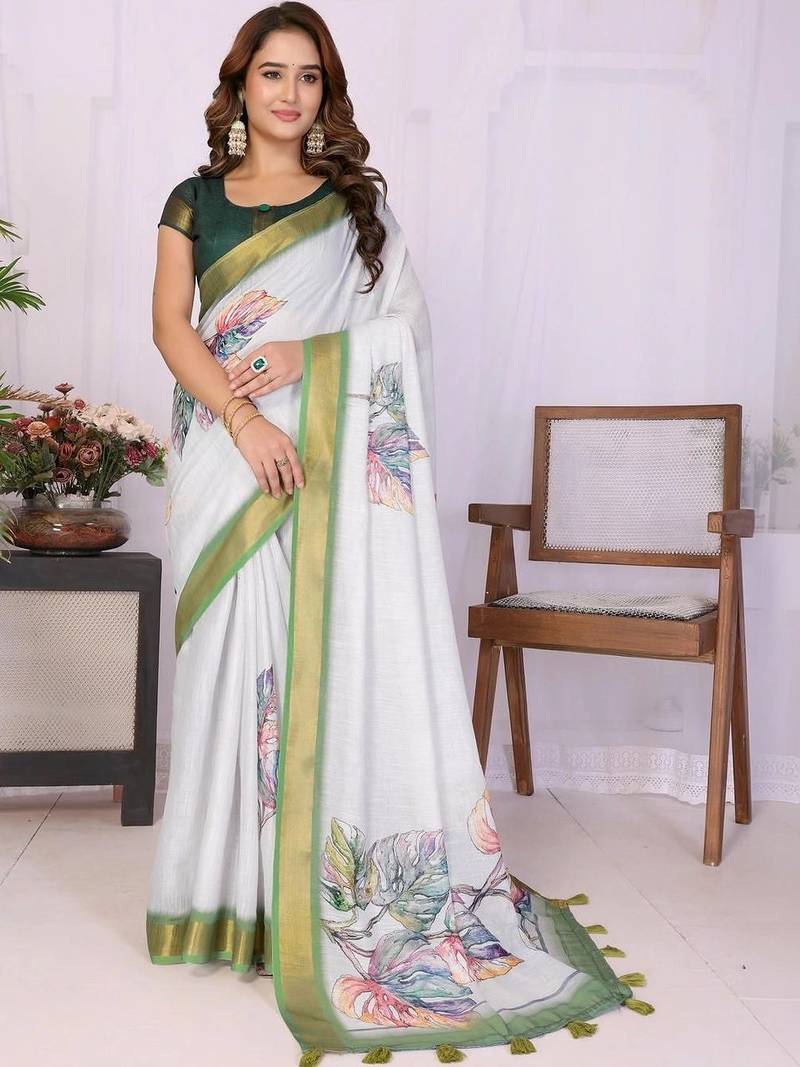 Off white linen printed saree with blouse