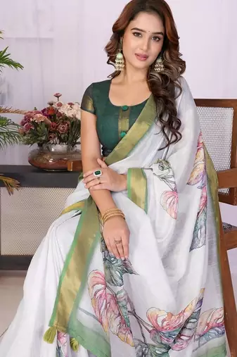 Off white linen printed saree with blouse