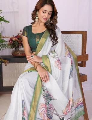 Off white linen printed saree with blouse 3