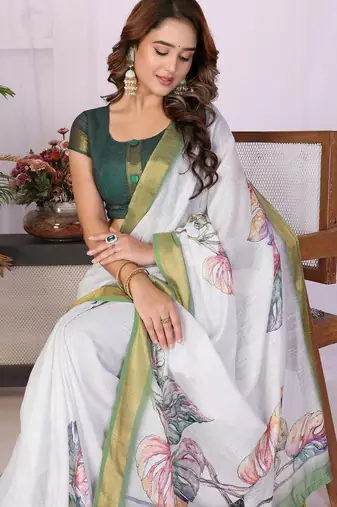 Off white linen printed saree with blouse
