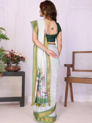 Off white linen printed saree with blouse 5