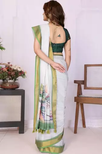 Off white linen printed saree with blouse