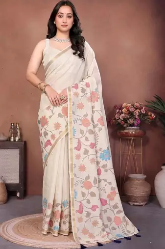 White linen printed saree with blouse